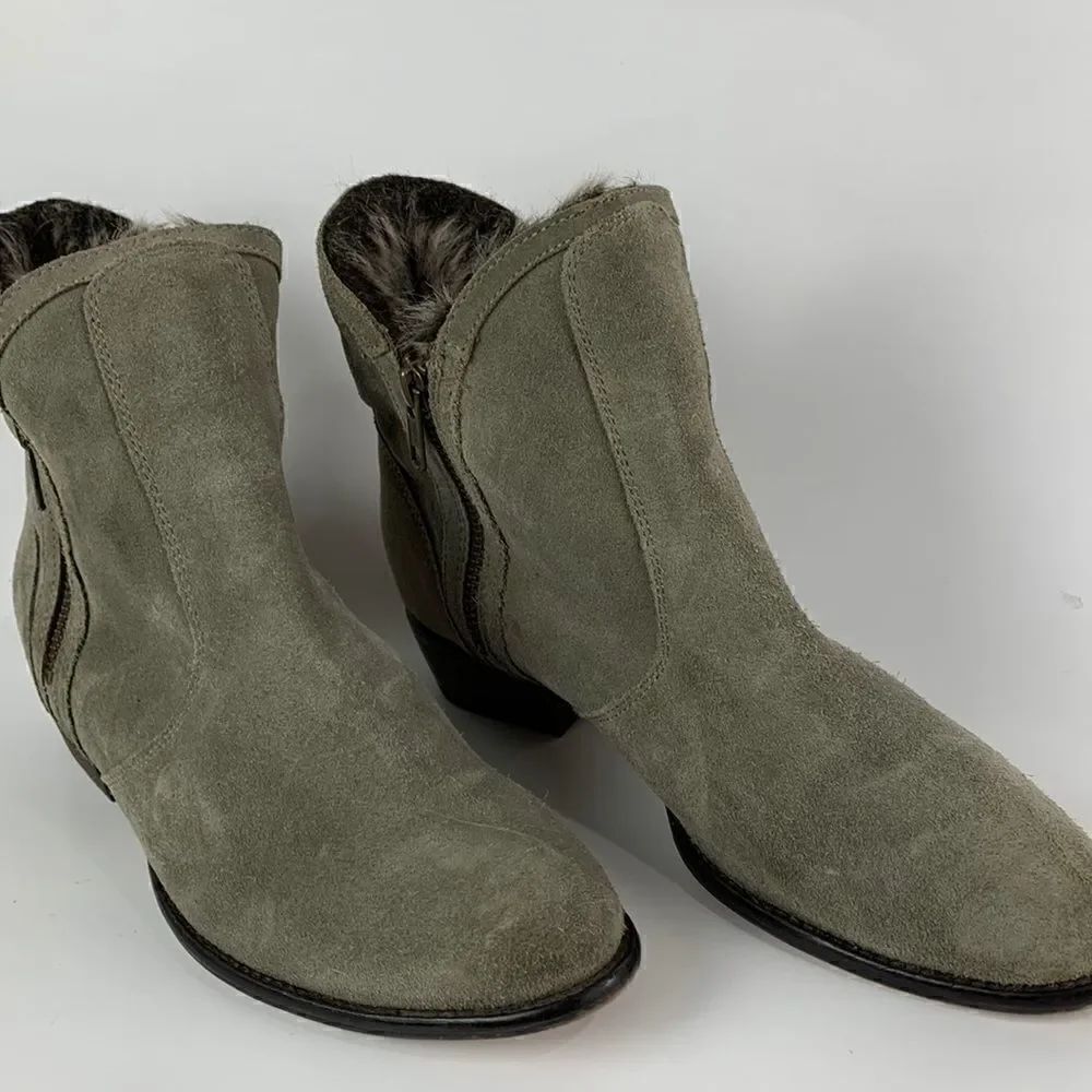 Seyshelles lucky Penny Booties in Olive Green suede with faux fur lining